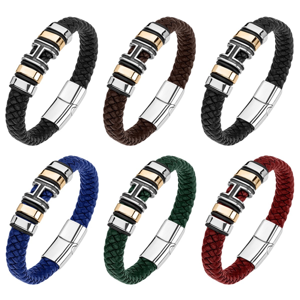 Men's Braided Leather Bracelet H-Style Beads Stainless Steel Clasp Wristband Cuff Rope Bangle for Men Gifts SB2333S