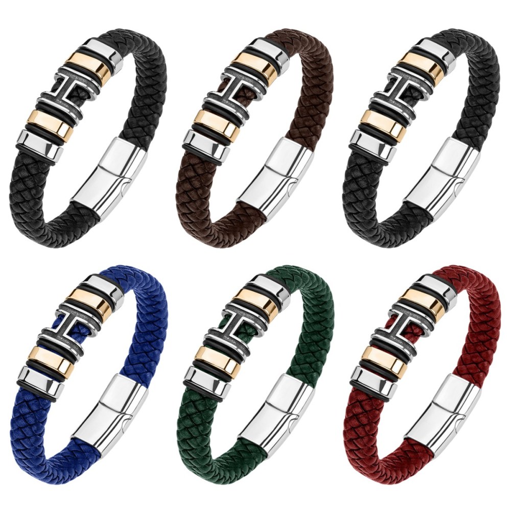 Men's Braided Leather Bracelet H-Style Beads Stainless Steel Clasp Wristband Cuff Rope Bangle for Men Gifts SB2333S