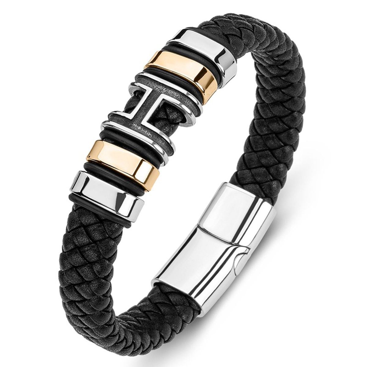 Men's Braided Leather Bracelet H-Style Beads Stainless Steel Clasp Wristband Cuff Rope Bangle for Men Gifts SB2333S
