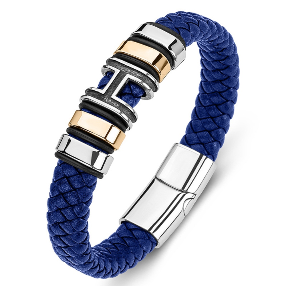 Men's Braided Leather Bracelet H-Style Beads Stainless Steel Clasp Wristband Cuff Rope Bangle for Men Gifts SB2333S
