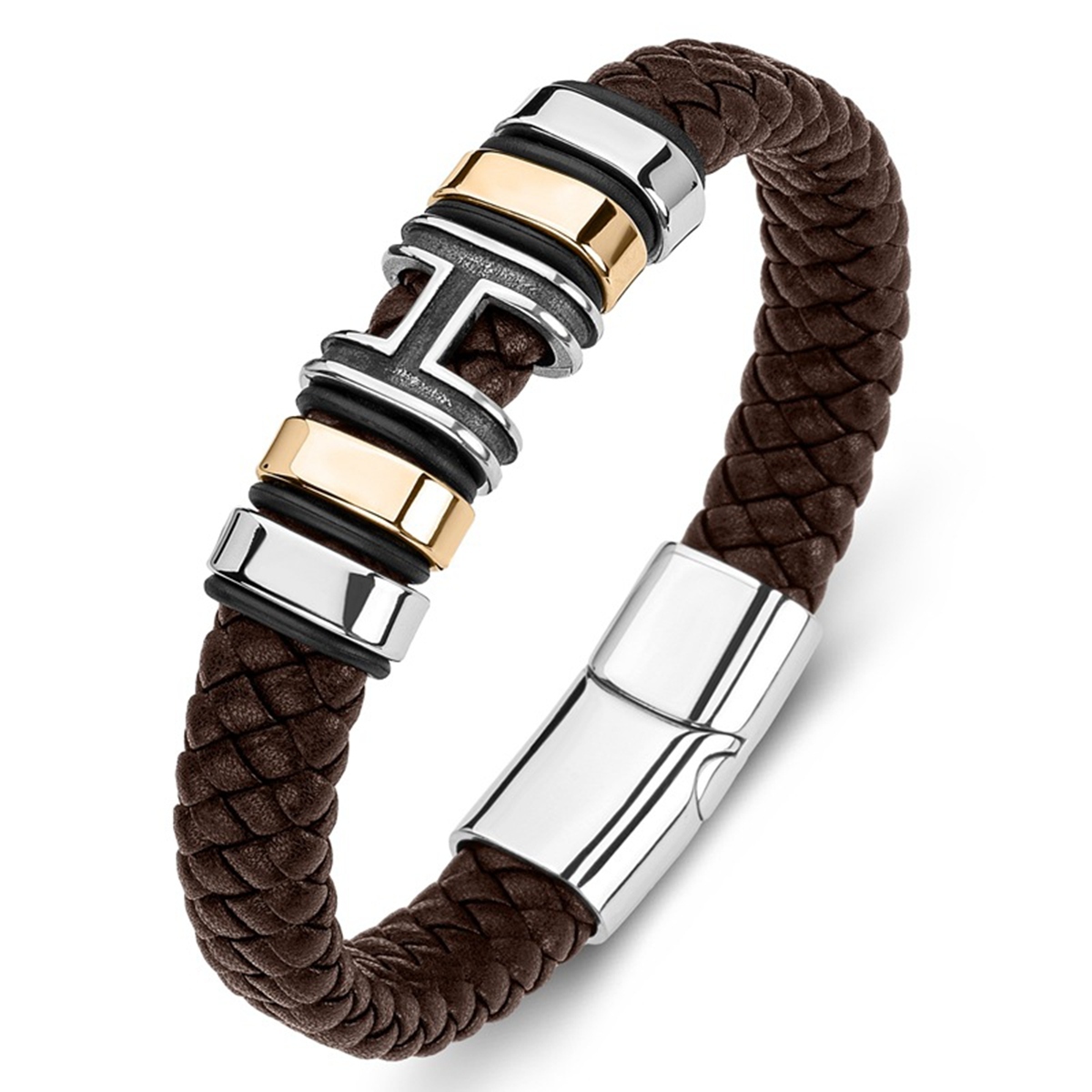 Men's Braided Leather Bracelet H-Style Beads Stainless Steel Clasp Wristband Cuff Rope Bangle for Men Gifts SB2333S