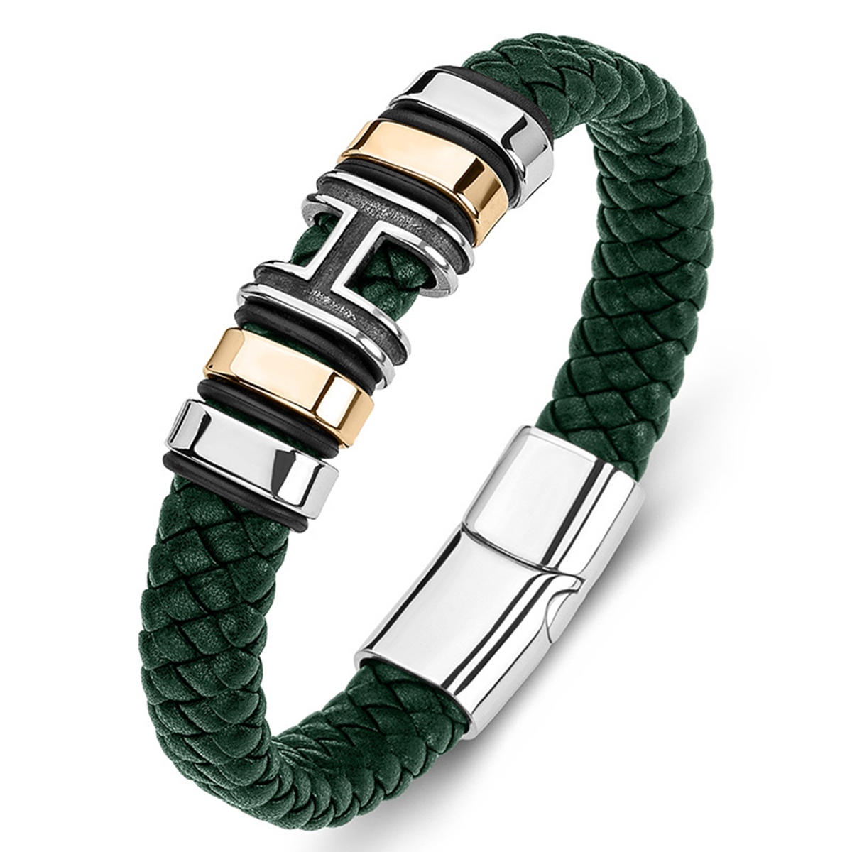 Men's Braided Leather Bracelet H-Style Beads Stainless Steel Clasp Wristband Cuff Rope Bangle for Men Gifts SB2333S