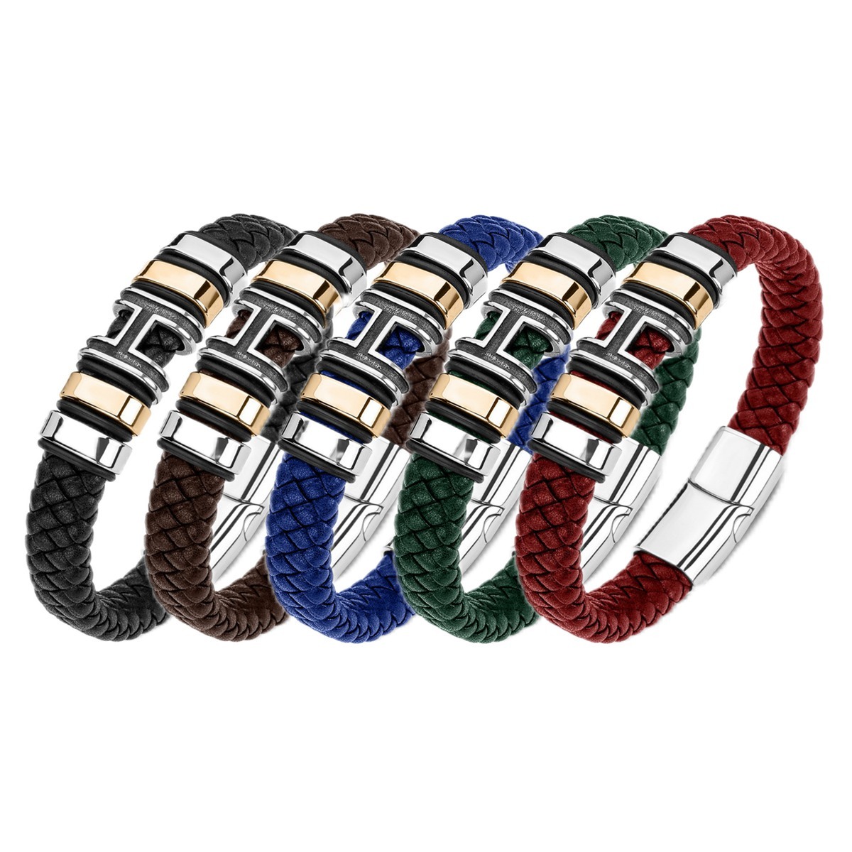 Men's Braided Leather Bracelet H-Style Beads Stainless Steel Clasp Wristband Cuff Rope Bangle for Men Gifts SB2333S