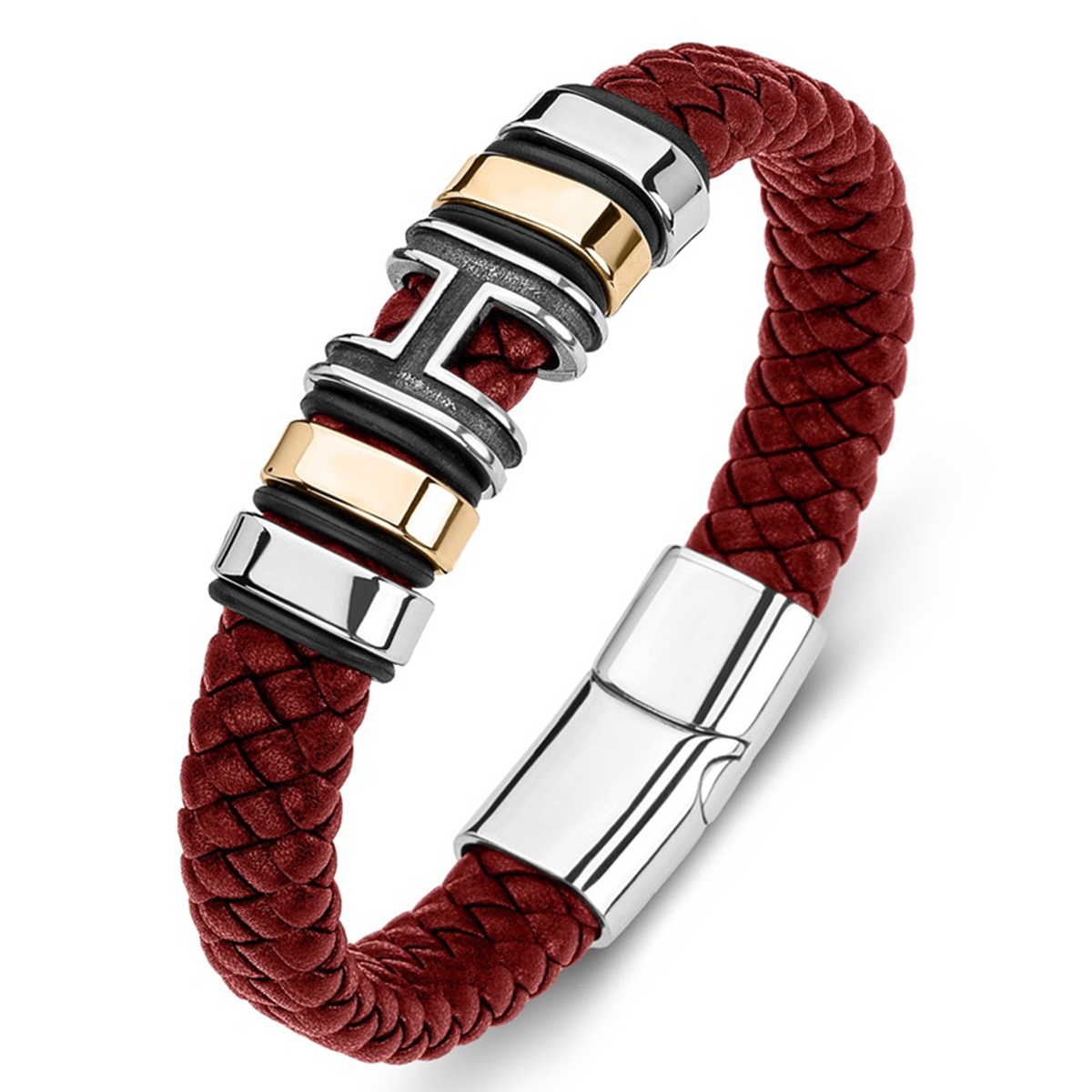 Men's Braided Leather Bracelet H-Style Beads Stainless Steel Clasp Wristband Cuff Rope Bangle for Men Gifts SB2333S