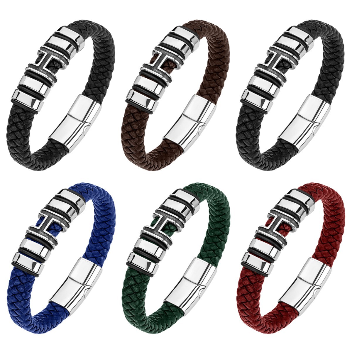 Men's Braided Leather Bracelet H-Style Beads Stainless Steel Clasp Wristband Cuff Rope Bangle for Men Gifts SB2333S