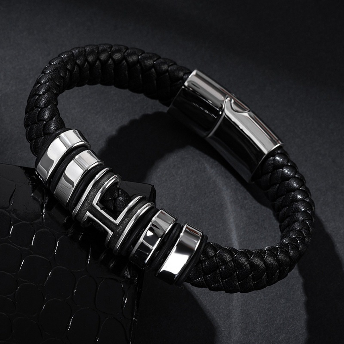 Men's Braided Leather Bracelet H-Style Beads Stainless Steel Clasp Wristband Cuff Rope Bangle for Men Gifts SB2333S