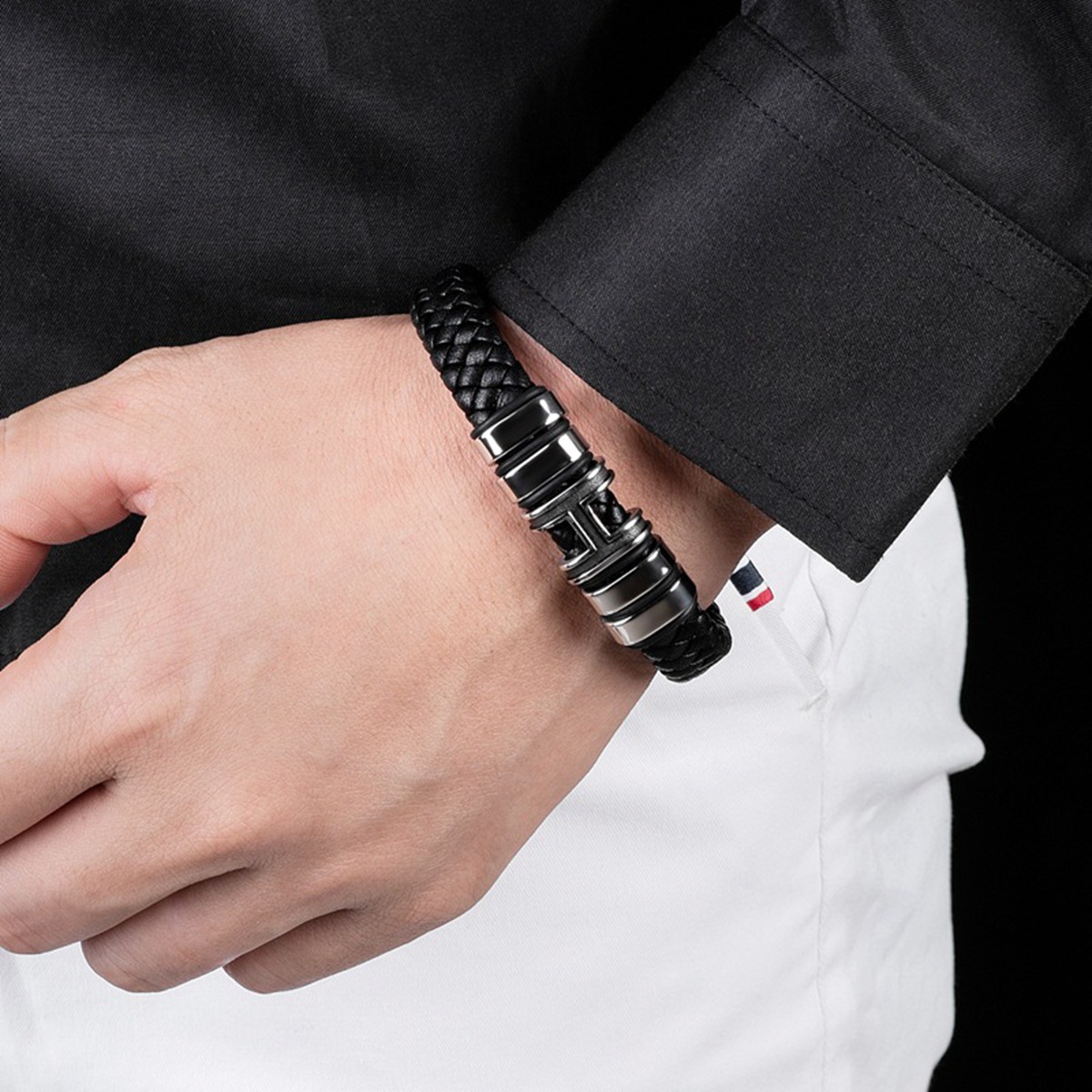 Men's Braided Leather Bracelet H-Style Beads Stainless Steel Clasp Wristband Cuff Rope Bangle for Men Gifts SB2333S