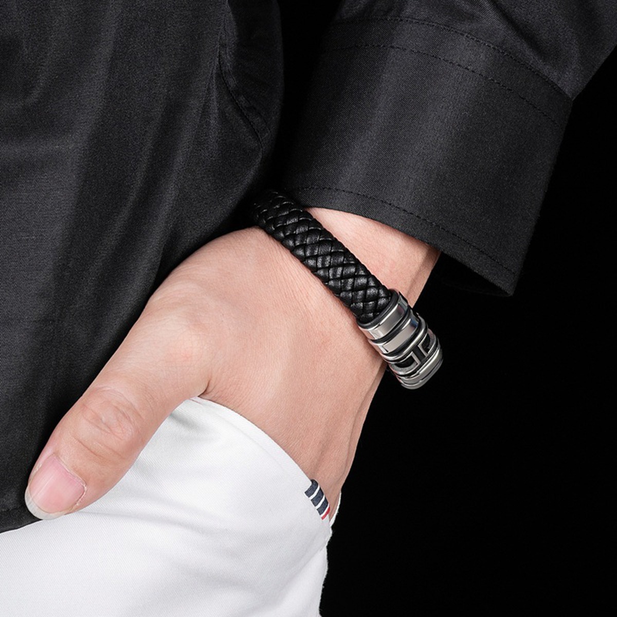 Men's Braided Leather Bracelet H-Style Beads Stainless Steel Clasp Wristband Cuff Rope Bangle for Men Gifts SB2333S