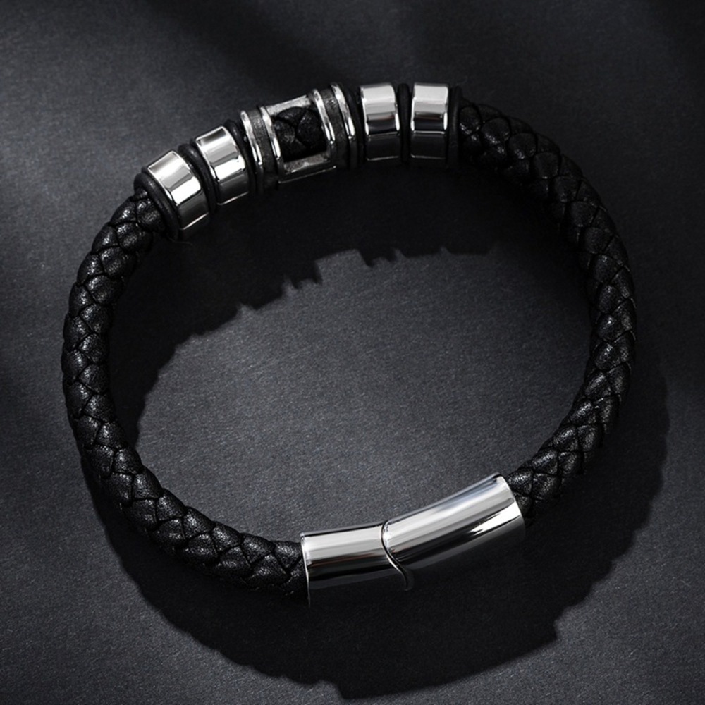 Men's Braided Leather Bracelet H-Style Beads Stainless Steel Clasp Wristband Cuff Rope Bangle for Men Gifts SB2333S