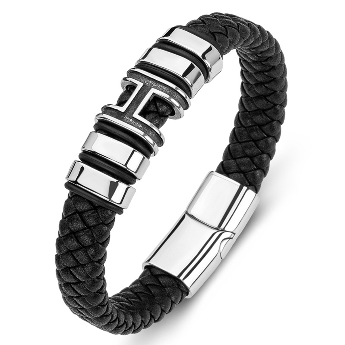 Men's Braided Leather Bracelet H-Style Beads Stainless Steel Clasp Wristband Cuff Rope Bangle for Men Gifts SB2333S
