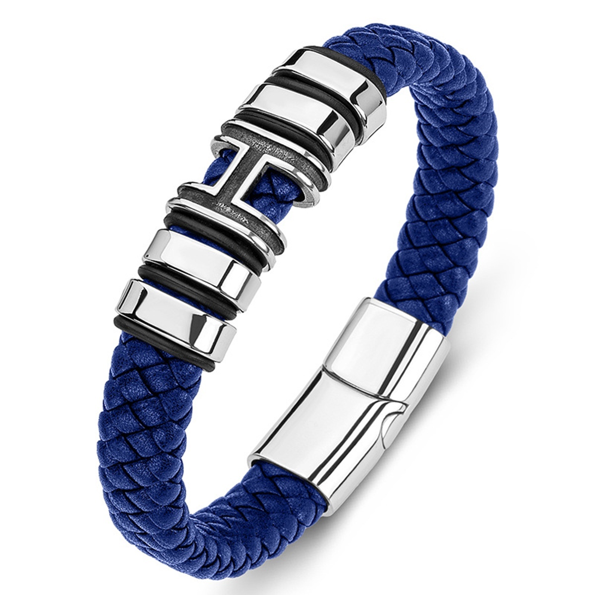 Men's Braided Leather Bracelet H-Style Beads Stainless Steel Clasp Wristband Cuff Rope Bangle for Men Gifts SB2333S