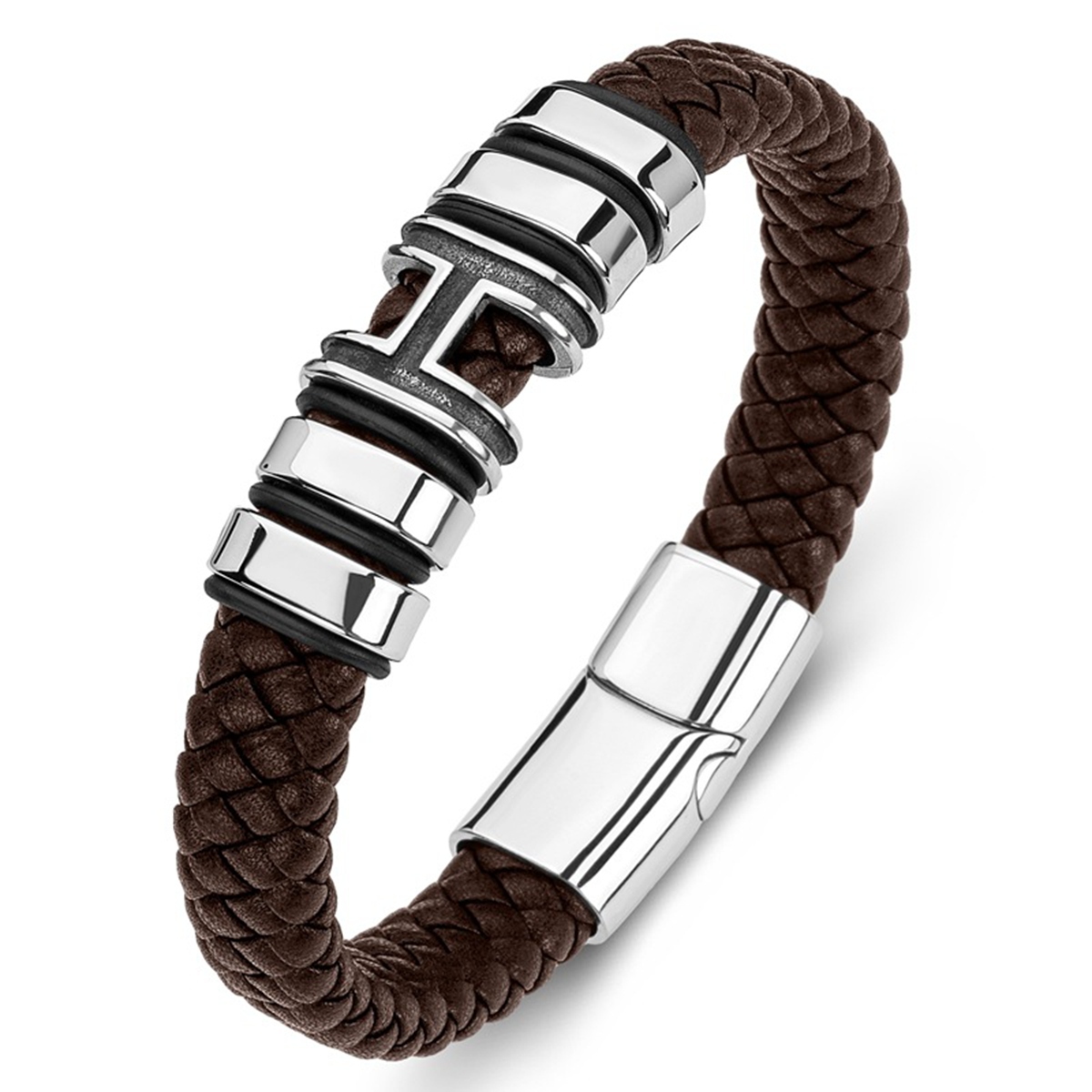 Men's Braided Leather Bracelet H-Style Beads Stainless Steel Clasp Wristband Cuff Rope Bangle for Men Gifts SB2333S