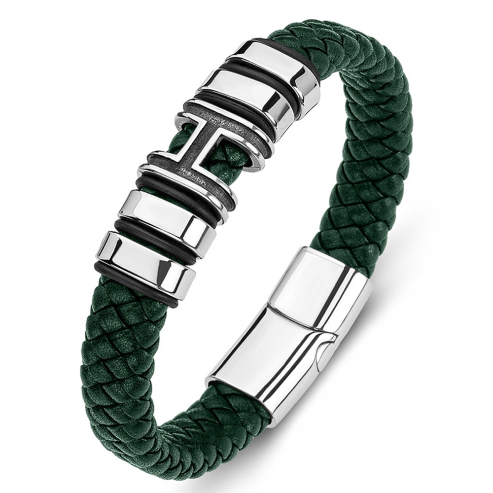 Men's Braided Leather Bracelet H-Style Beads Stainless Steel Clasp Wristband Cuff Rope Bangle for Men Gifts SB2333S