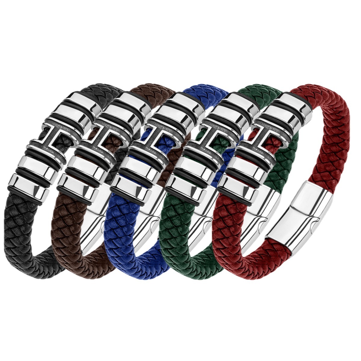 Men's Braided Leather Bracelet H-Style Beads Stainless Steel Clasp Wristband Cuff Rope Bangle for Men Gifts SB2333S
