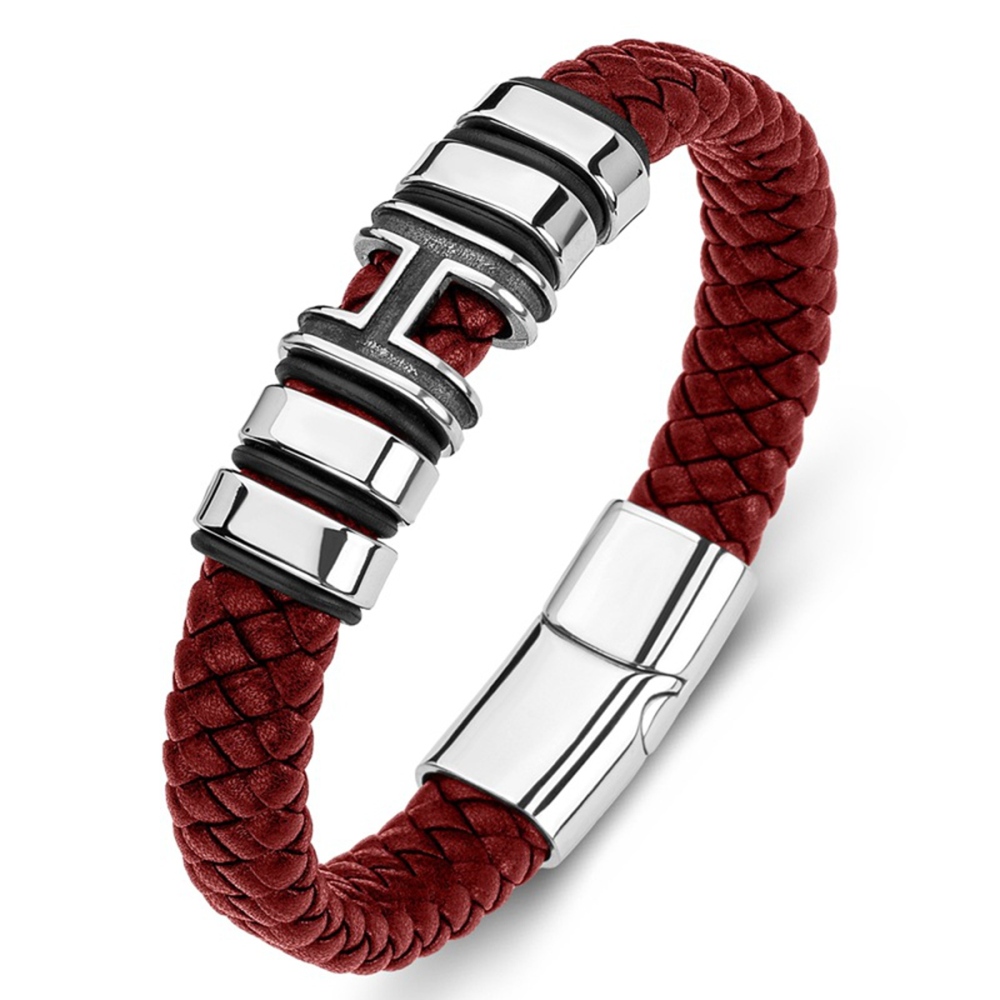 Men's Braided Leather Bracelet H-Style Beads Stainless Steel Clasp Wristband Cuff Rope Bangle for Men Gifts SB2333S