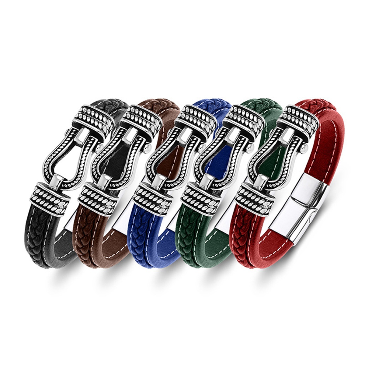 Men's Braided Leather Bracelet Horseshoe Clasp Stainless Steel Clasp Wristband Cuff Rope Bangle for Men Gifts