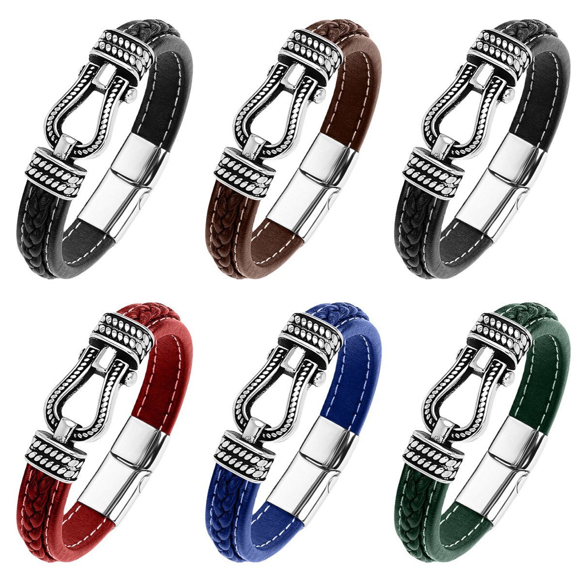 Men's Braided Leather Bracelet Horseshoe Clasp Stainless Steel Clasp Wristband Cuff Rope Bangle for Men Gifts