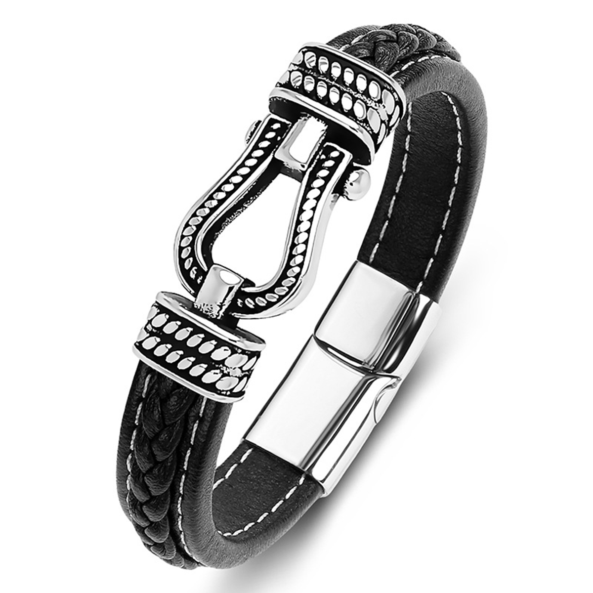 Men's Braided Leather Bracelet Horseshoe Clasp Stainless Steel Clasp Wristband Cuff Rope Bangle for Men Gifts
