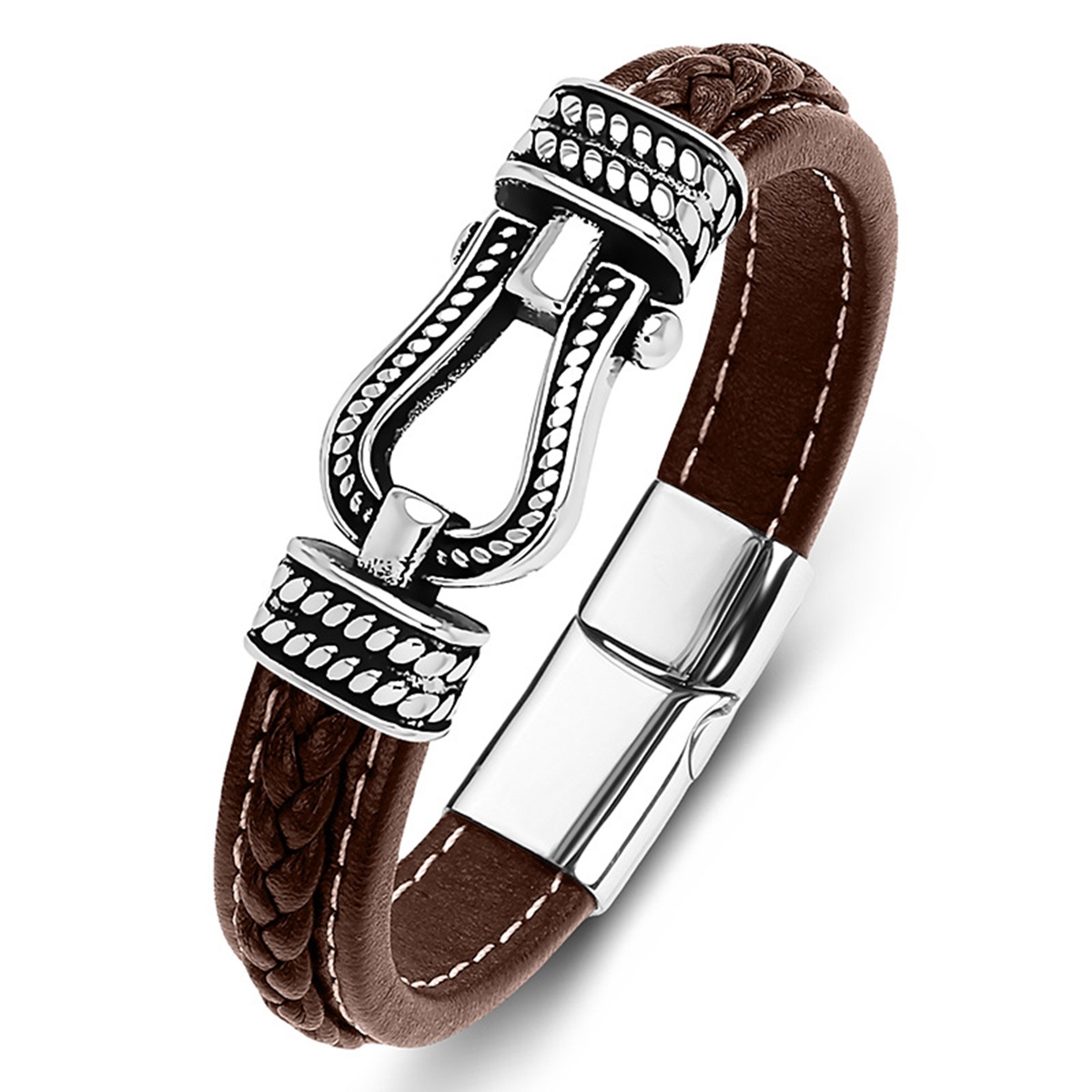Men's Braided Leather Bracelet Horseshoe Clasp Stainless Steel Clasp Wristband Cuff Rope Bangle for Men Gifts