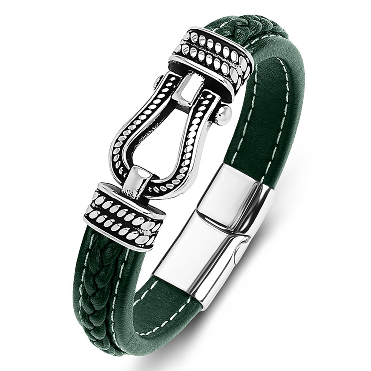 Men's Braided Leather Bracelet Horseshoe Clasp Stainless Steel Clasp Wristband Cuff Rope Bangle for Men Gifts