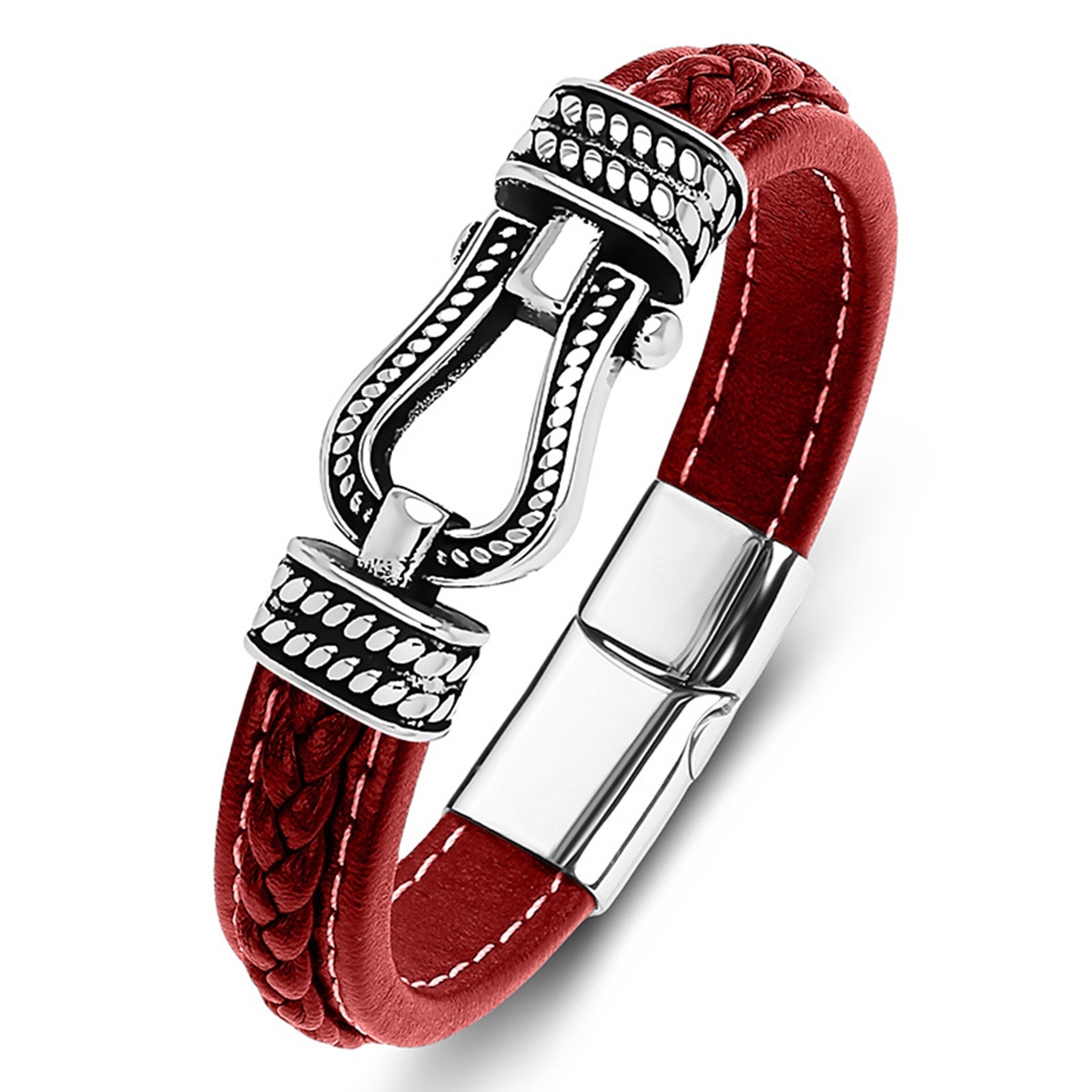 Men's Braided Leather Bracelet Horseshoe Clasp Stainless Steel Clasp Wristband Cuff Rope Bangle for Men Gifts
