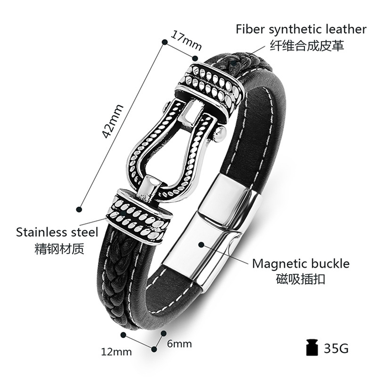 Men's Braided Leather Bracelet Horseshoe Clasp Stainless Steel Clasp Wristband Cuff Rope Bangle for Men Gifts