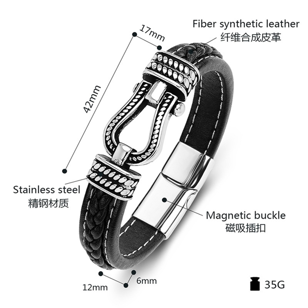 Men's Braided Leather Bracelet Horseshoe Clasp Stainless Steel Clasp Wristband Cuff Rope Bangle for Men Gifts