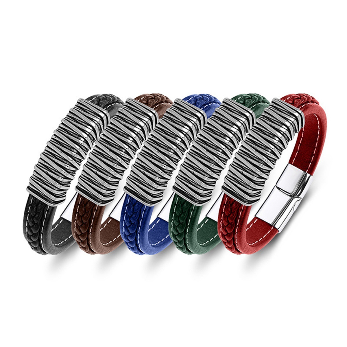 Men's Braided Leather Texture Retro Stainless Steel Clasp Wristband Cuff Rope Bangle for Men Gifts