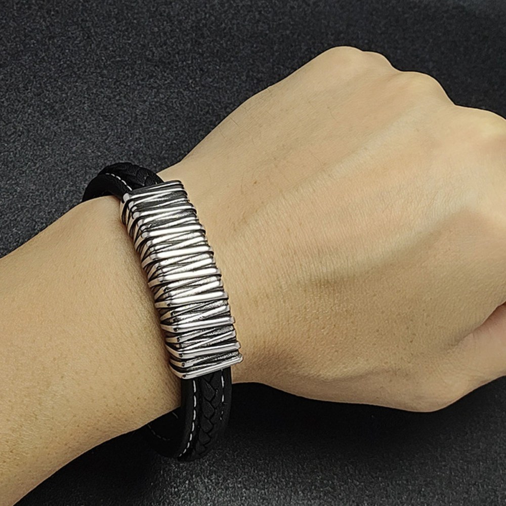 Men's Braided Leather Texture Retro Stainless Steel Clasp Wristband Cuff Rope Bangle for Men Gifts