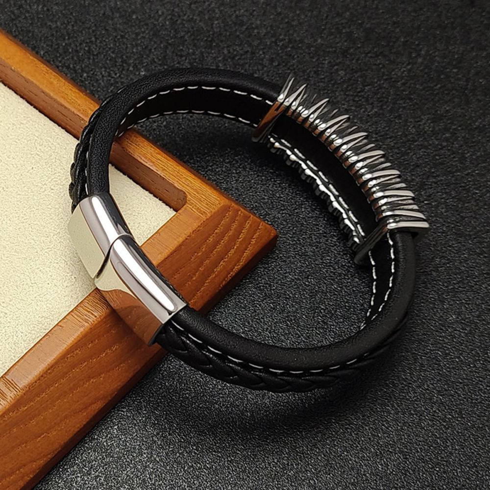 Men's Braided Leather Texture Retro Stainless Steel Clasp Wristband Cuff Rope Bangle for Men Gifts