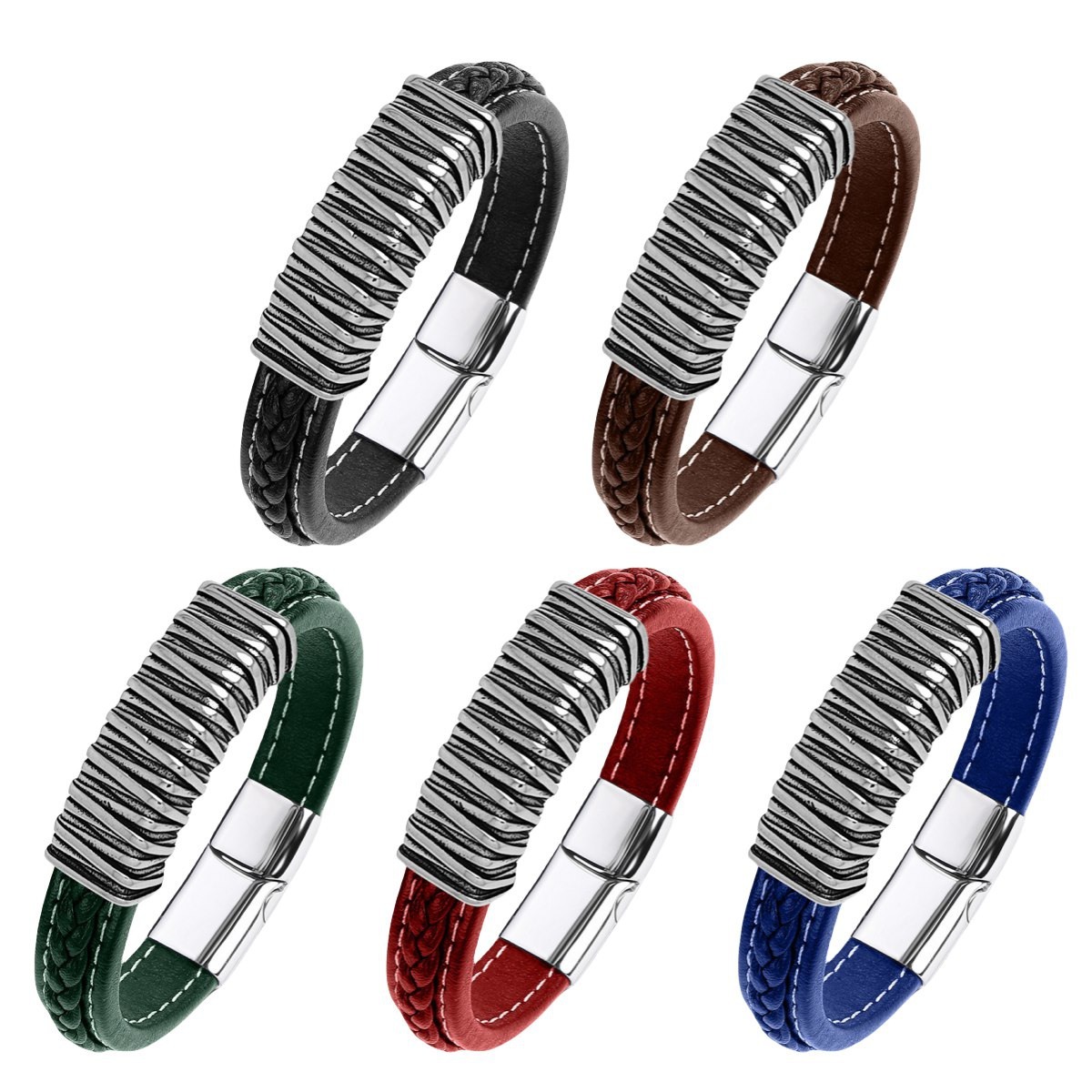 Men's Braided Leather Texture Retro Stainless Steel Clasp Wristband Cuff Rope Bangle for Men Gifts