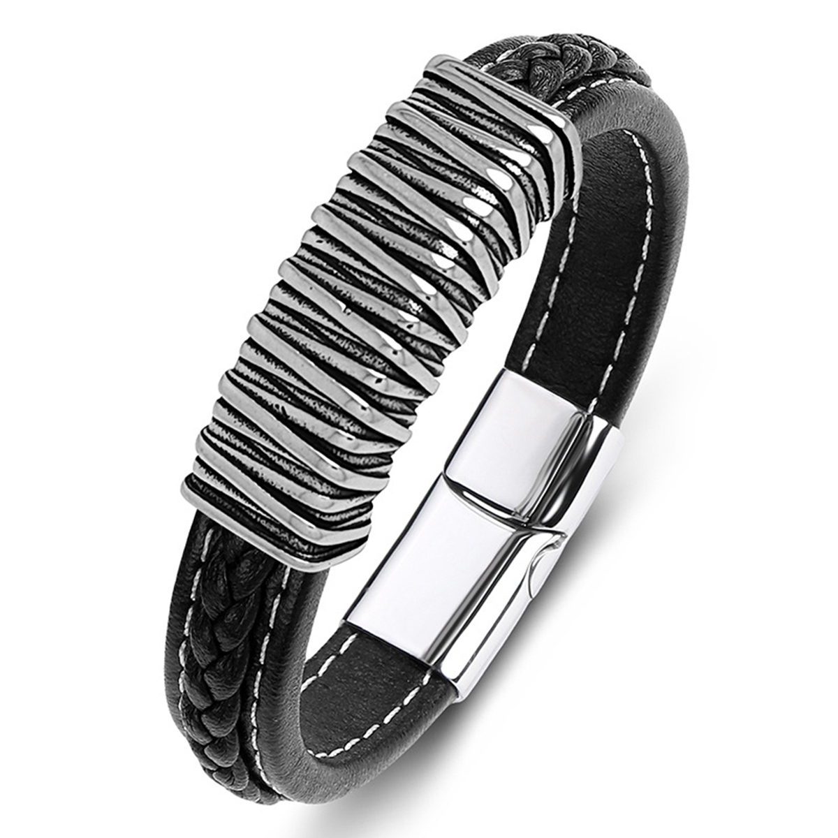 Men's Braided Leather Texture Retro Stainless Steel Clasp Wristband Cuff Rope Bangle for Men Gifts