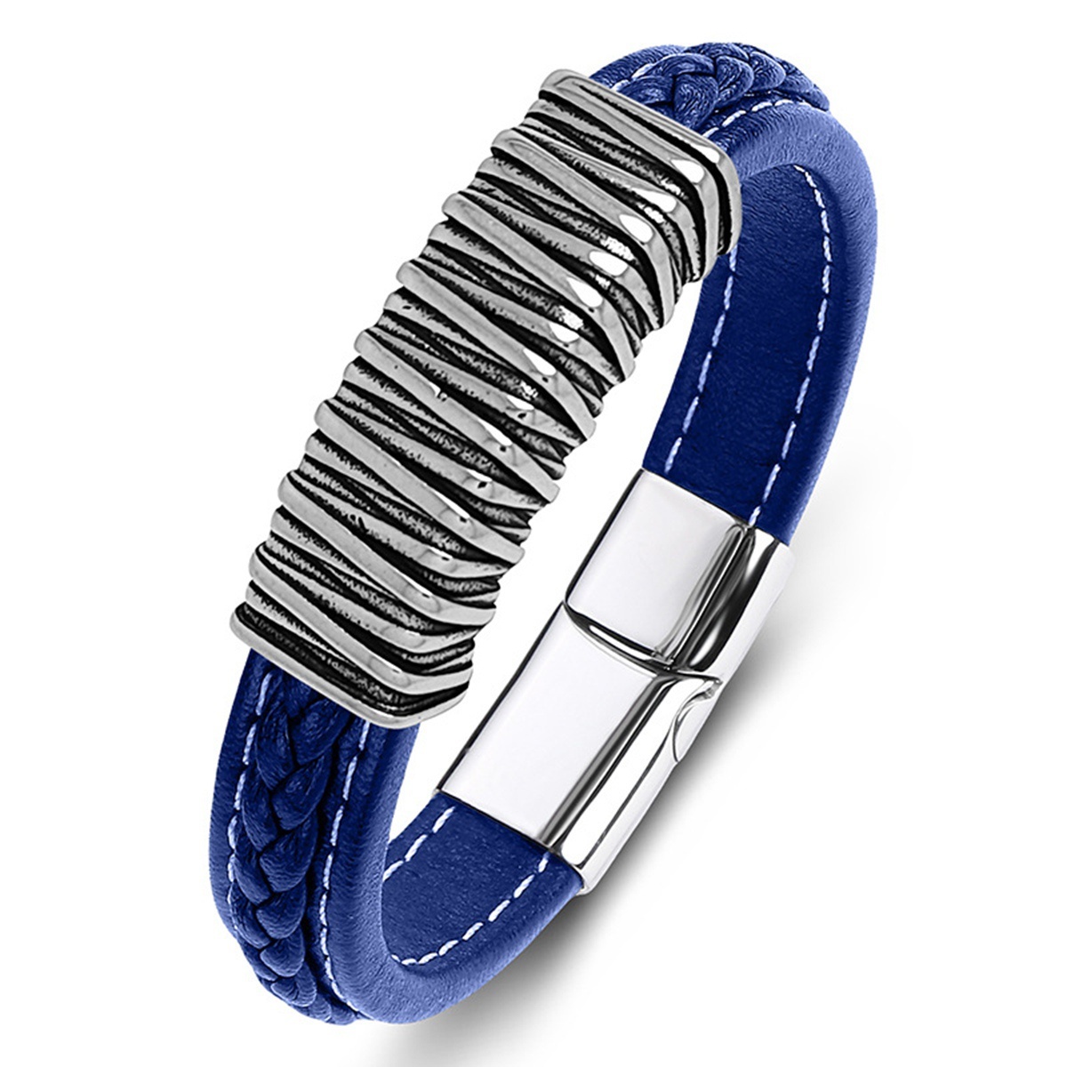 Men's Braided Leather Texture Retro Stainless Steel Clasp Wristband Cuff Rope Bangle for Men Gifts