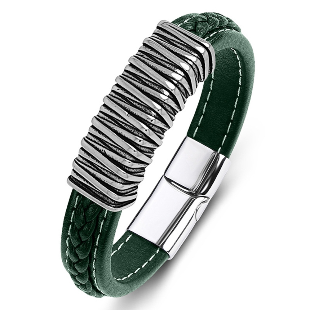 Men's Braided Leather Texture Retro Stainless Steel Clasp Wristband Cuff Rope Bangle for Men Gifts