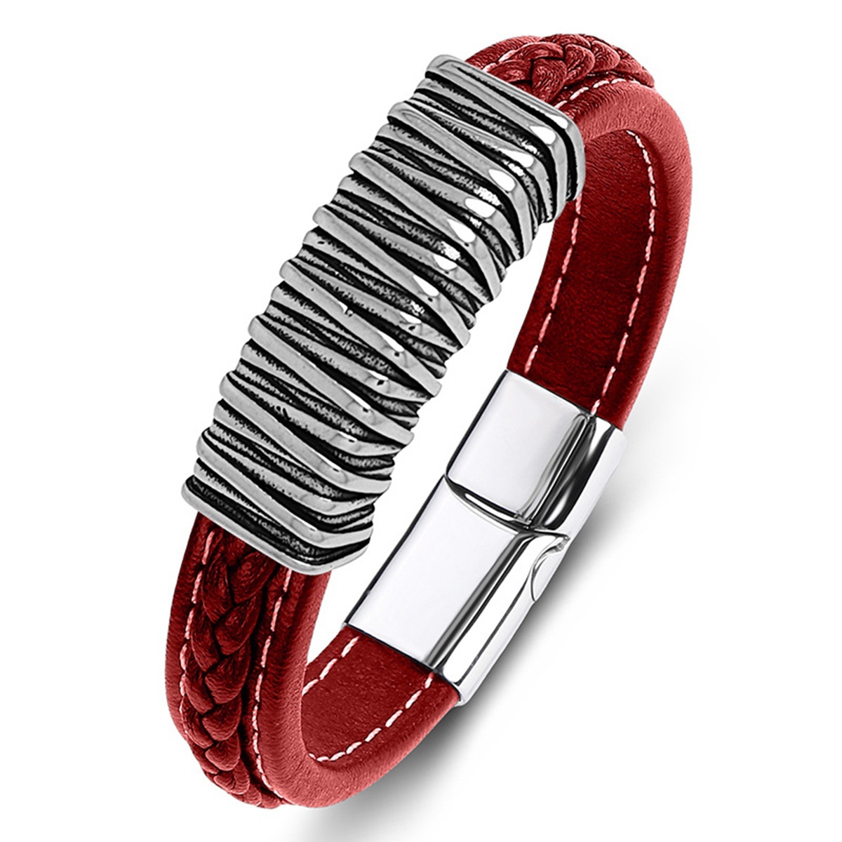 Men's Braided Leather Texture Retro Stainless Steel Clasp Wristband Cuff Rope Bangle for Men Gifts