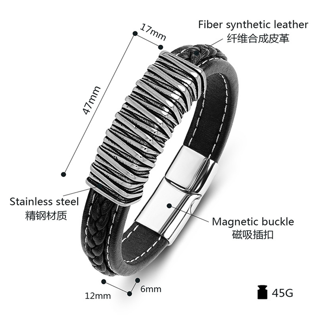 Men's Braided Leather Texture Retro Stainless Steel Clasp Wristband Cuff Rope Bangle for Men Gifts