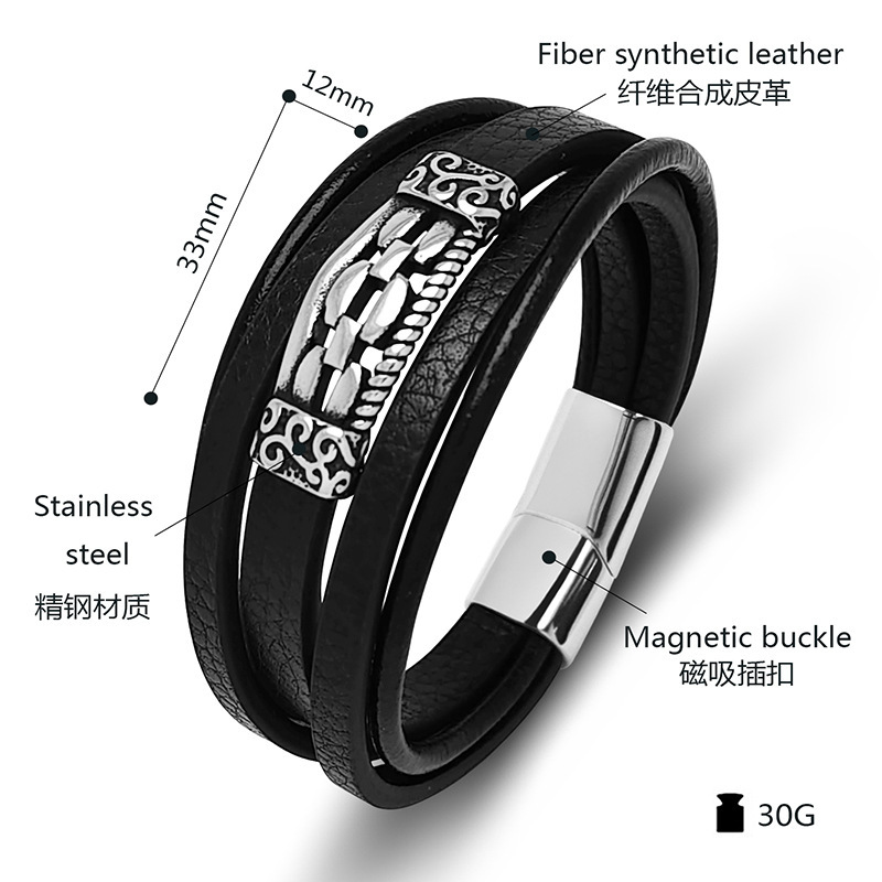 Men's Braided Leather Stainless Steel Clasp Wristband Cuff Rope Bangle for Men Gifts