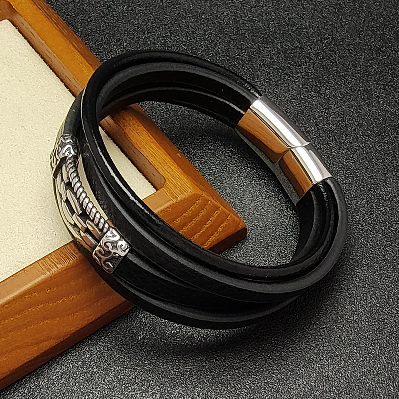 Men's Braided Leather Stainless Steel Clasp Wristband Cuff Rope Bangle for Men Gifts