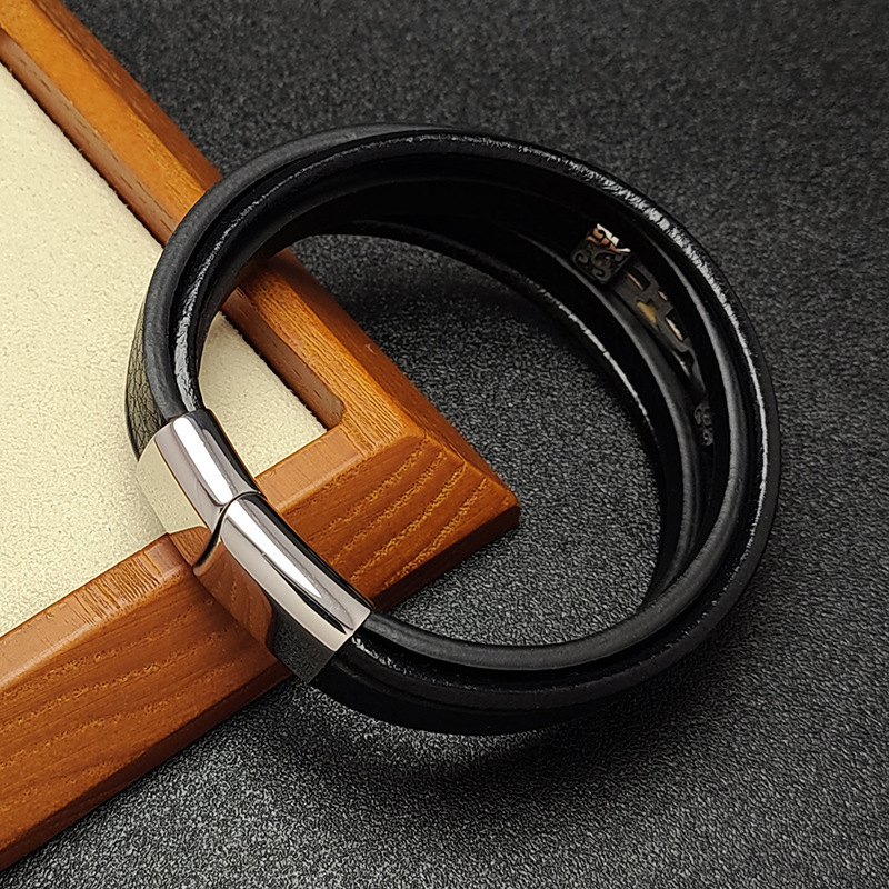 Men's Braided Leather Stainless Steel Clasp Wristband Cuff Rope Bangle for Men Gifts