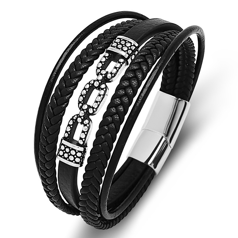Men's Multi-Layer Braided Leather Stainless Steel Clasp Wristband Cuff Rope Bangle for Men Gifts