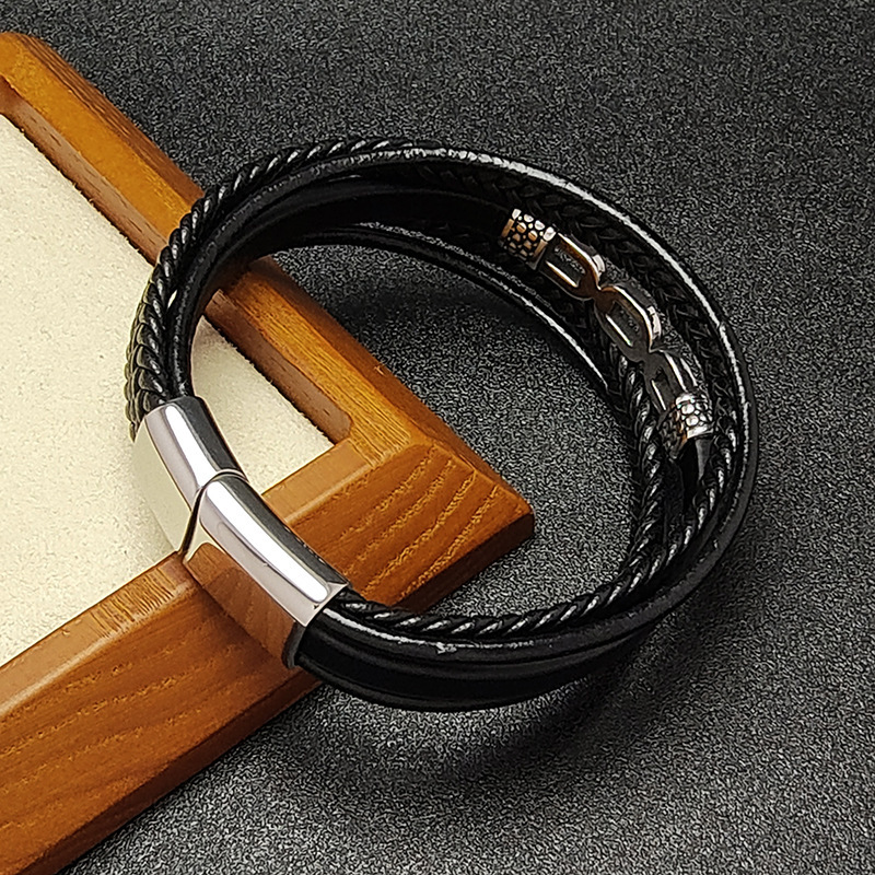 Men's Multi-Layer Braided Leather Stainless Steel Clasp Wristband Cuff Rope Bangle for Men Gifts