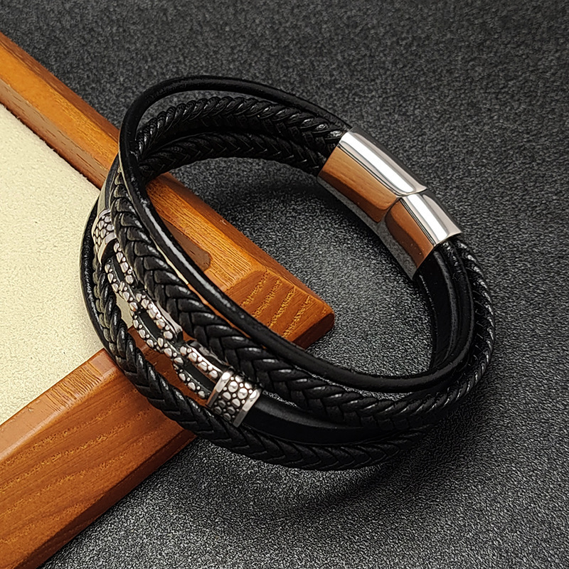 Men's Multi-Layer Braided Leather Stainless Steel Clasp Wristband Cuff Rope Bangle for Men Gifts