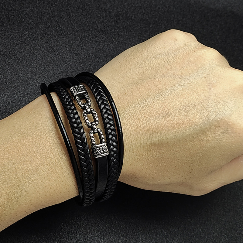 Men's Multi-Layer Braided Leather Stainless Steel Clasp Wristband Cuff Rope Bangle for Men Gifts