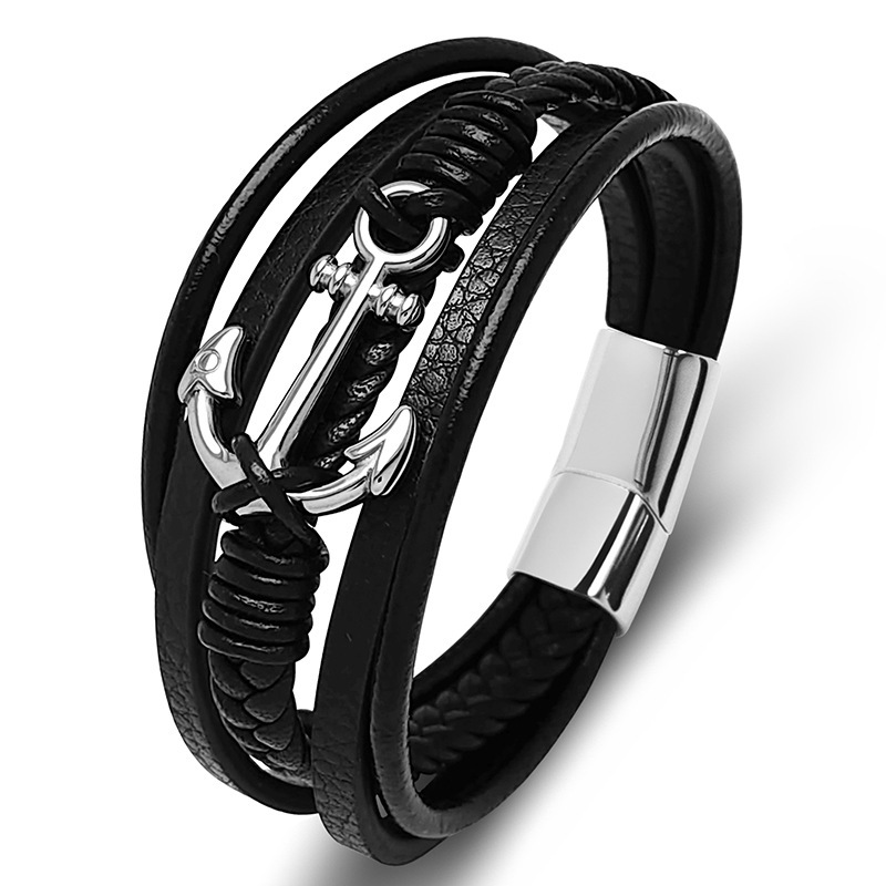 Men's Braided Leather Bracelet Anchor Stainless Steel Clasp Wristband Cuff Rope Bangle for Men Gifts
