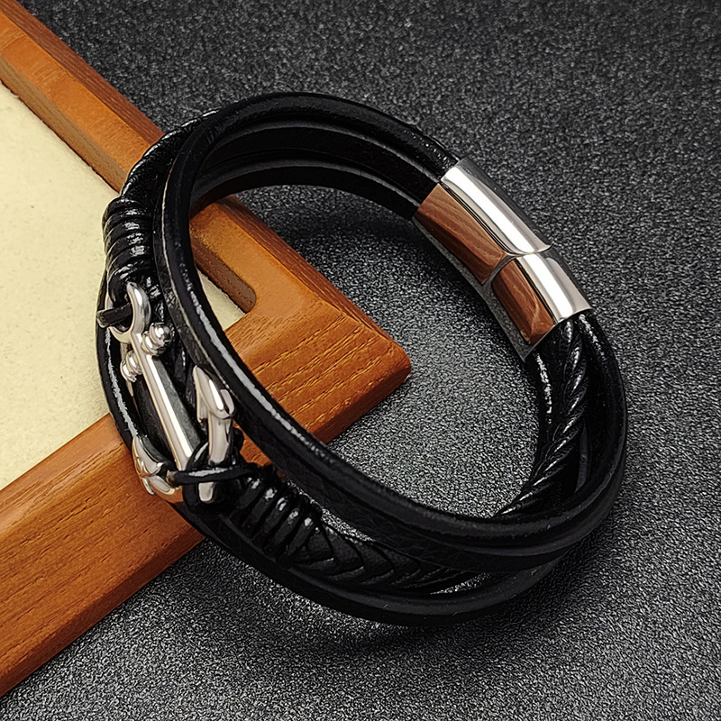 Men's Braided Leather Bracelet Anchor Stainless Steel Clasp Wristband Cuff Rope Bangle for Men Gifts