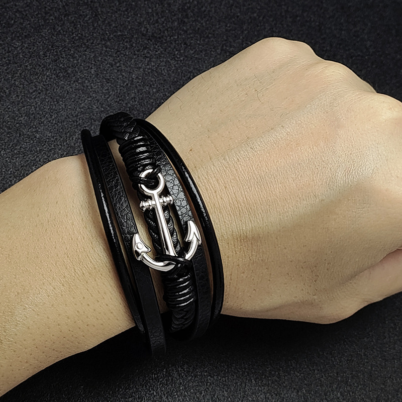 Men's Braided Leather Bracelet Anchor Stainless Steel Clasp Wristband Cuff Rope Bangle for Men Gifts