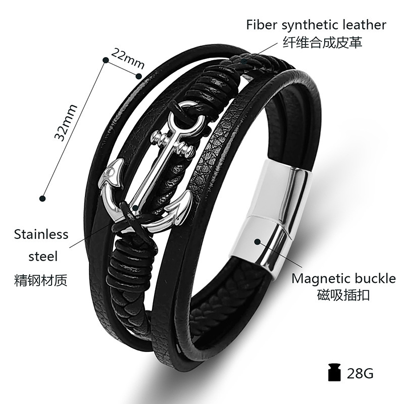Men's Braided Leather Bracelet Anchor Stainless Steel Clasp Wristband Cuff Rope Bangle for Men Gifts