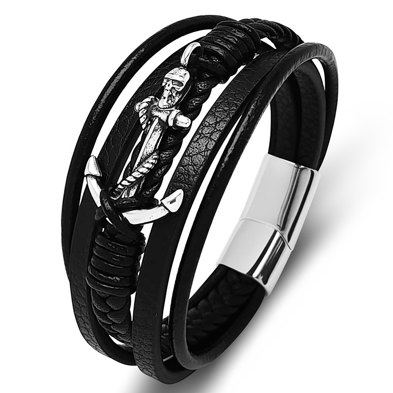 Men's Braided Leather Bracelet Anchor Stainless Steel Clasp Wristband Cuff Rope Bangle for Men Gifts