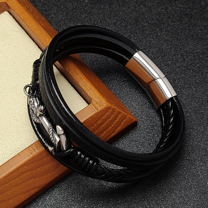 Men's Braided Leather Bracelet Anchor Stainless Steel Clasp Wristband Cuff Rope Bangle for Men Gifts