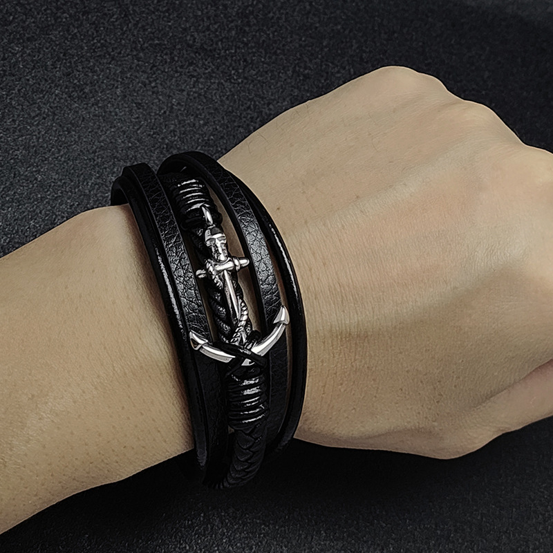 Men's Braided Leather Bracelet Anchor Stainless Steel Clasp Wristband Cuff Rope Bangle for Men Gifts